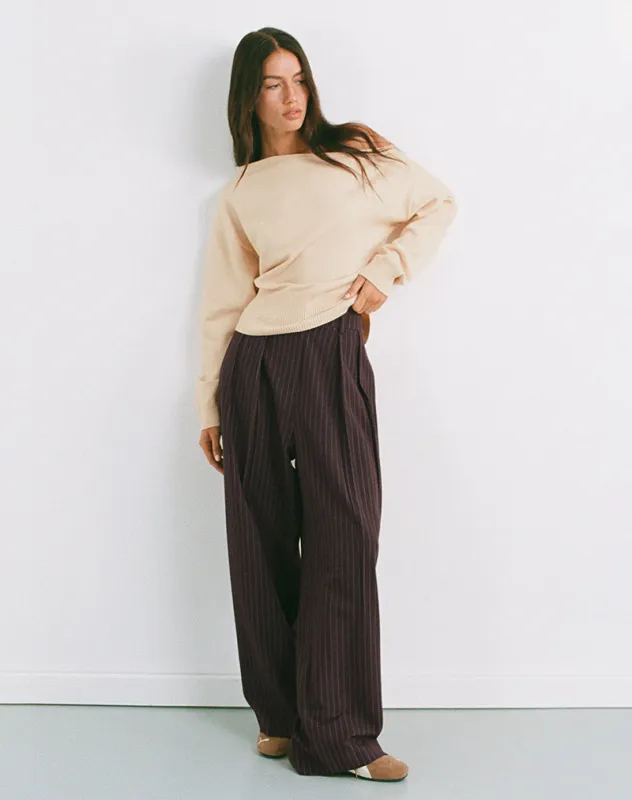 Nala Wide Pleated Trouser in Dark Brown Pinstripe sold by Motel Rocks
