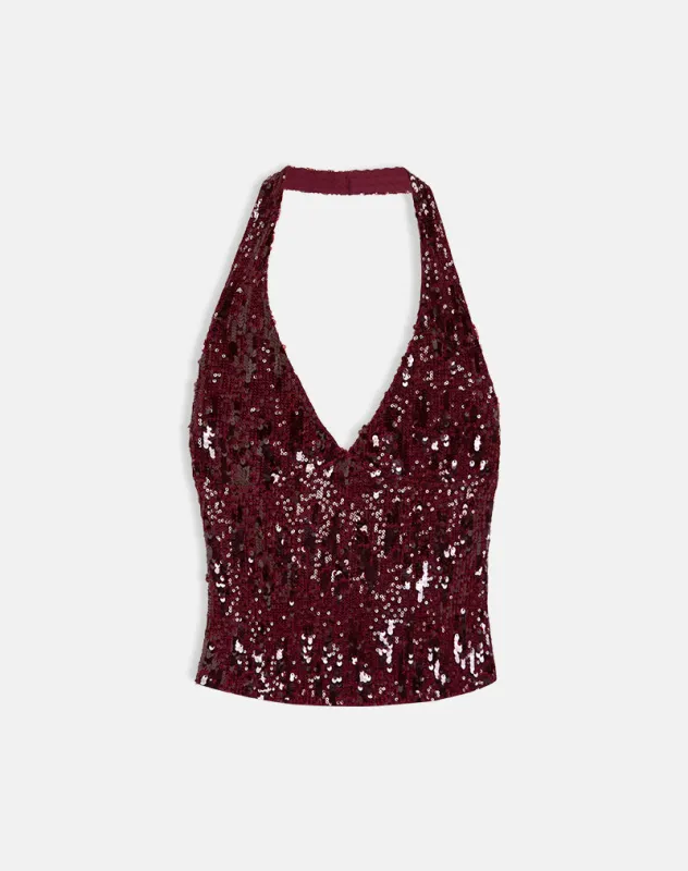 Cosio Halter Top in Mix Sequin Red sold by Motel Rocks