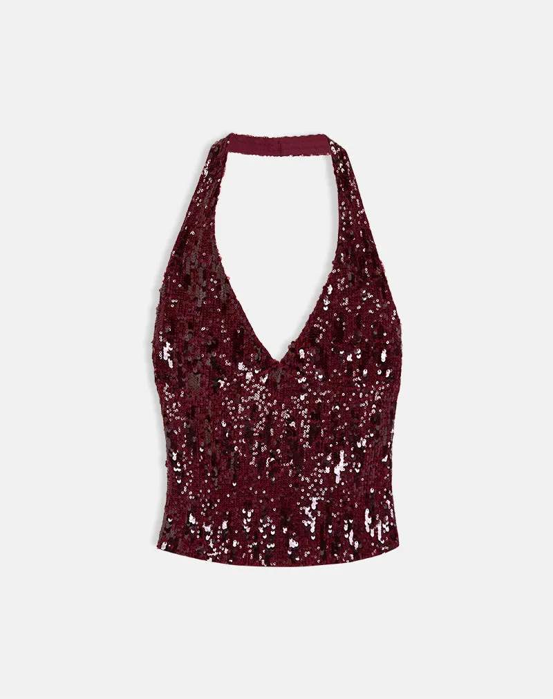 Cosio Halter Top in Mix Sequin Red sold by Motel Rocks