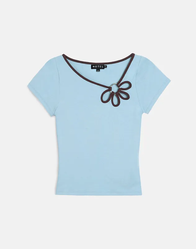 Bunga Flower Cut Out Top in Nantucket Blue with Chocolate Binding sold by Motel Rocks