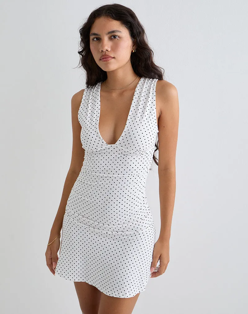 Luscian Plunge Mini Dress in White with Micro Polka Black sold by Motel Rocks