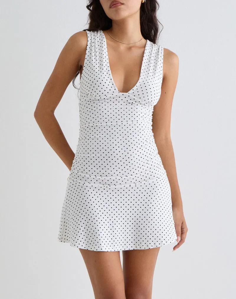 Luscian Plunge Mini Dress in White with Micro Polka Black sold by Motel Rocks product image thumbnail 3