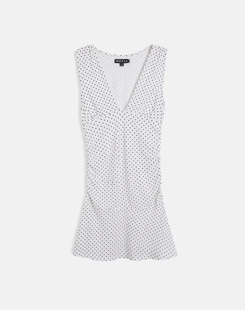 Luscian Plunge Mini Dress in White with Micro Polka Black sold by Motel Rocks product image thumbnail 2