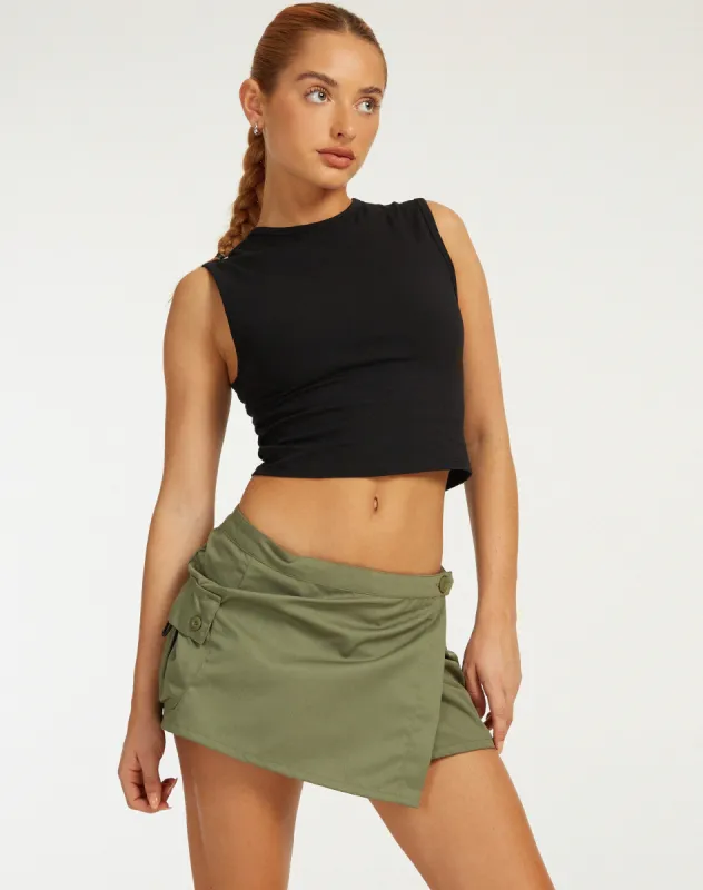 MOTEL X BARBARA Zephyr Mini Cargo Skirt in Cotton Drill Olive sold by Motel Rocks