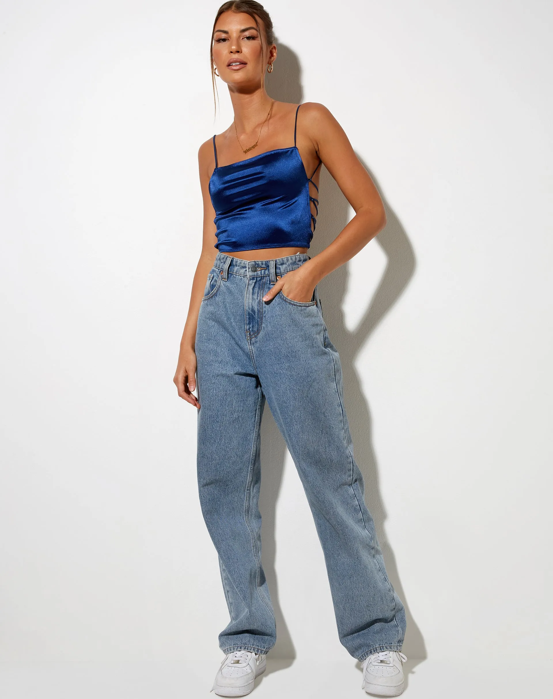 Ozka Crop Top in Satin Navy sold by Motel Rocks product image thumbnail 2