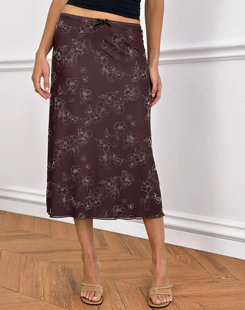 Atira Midi Skirt in Doodle Flower Flock Brown sold by Motel Rocks