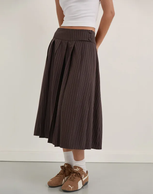 Tisrah Skirt in Dark Brown Pinstripe sold by Motel Rocks