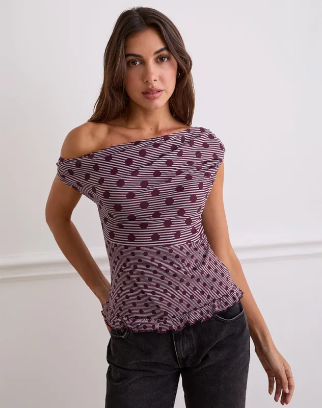 Tarya Asymmetric Top in Stripe Polka Plum made by Motel Rocks