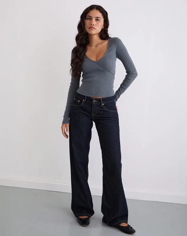 Dulcet Ribbed Plunge Long Sleeve Top in Blue Granite made by Motel Rocks