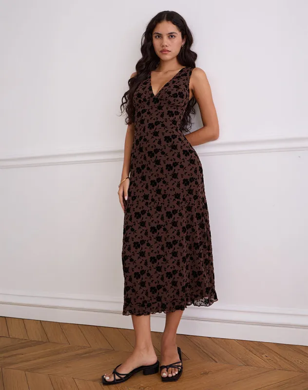 Gabriela Midi Dress in Garden Floral Brown sold by Motel Rocks