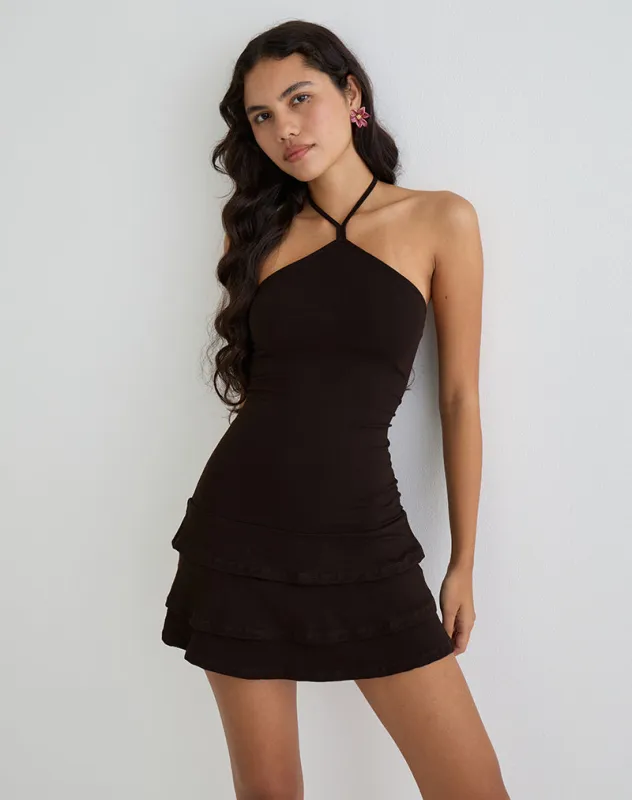 Suzetta Halter Mini Dress in Chocolate Brown sold by Motel Rocks