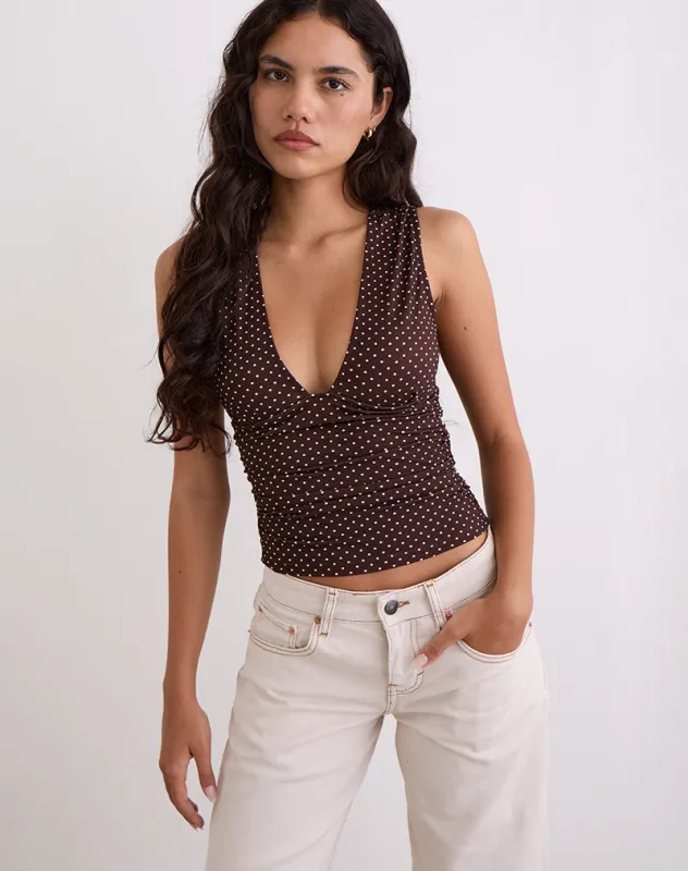 Lycia Plunge Top in Micro Polka Brown sold by Motel Rocks