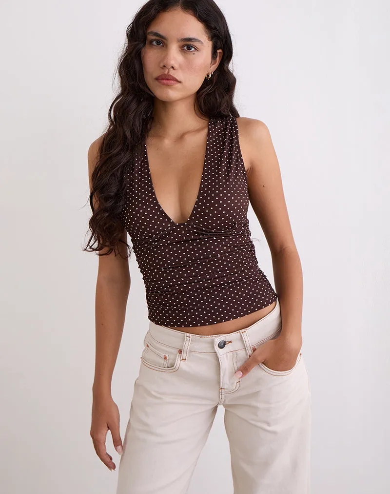 Lycia Plunge Top in Micro Polka Brown sold by Motel Rocks