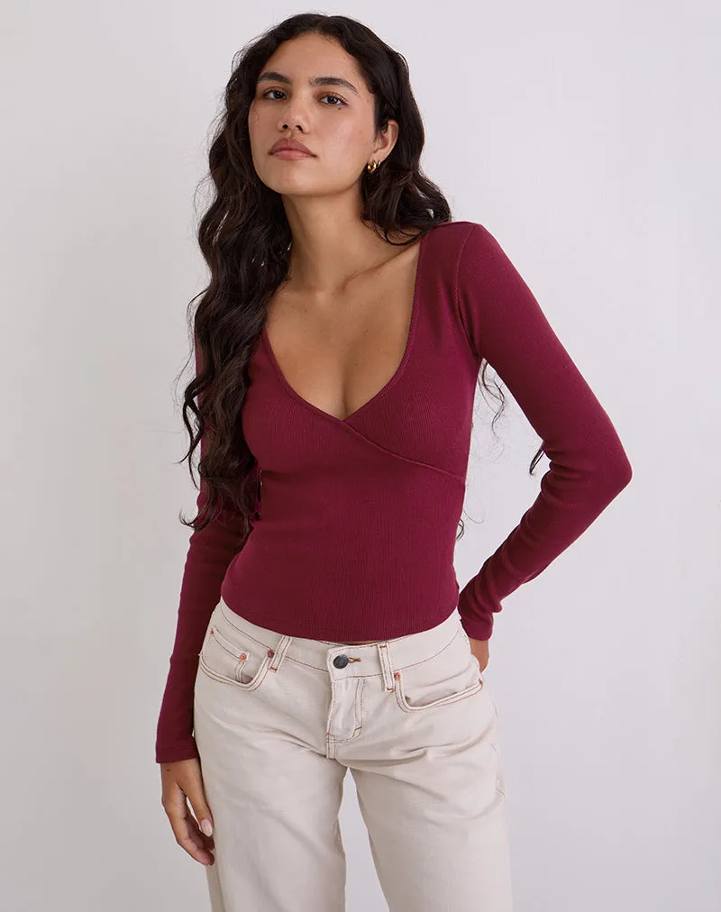 Dulcet Ribbed Plunge Long Sleeve Top in Burgundy sold by Motel Rocks