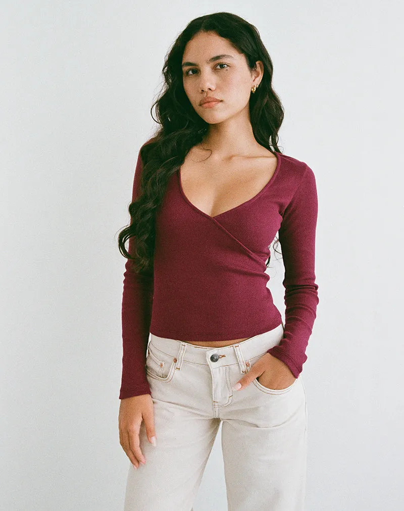 Dulcet Ribbed Plunge Long Sleeve Top in Burgundy sold by Motel Rocks product image thumbnail 4