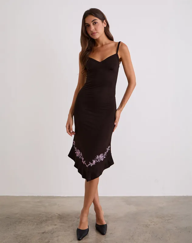 Quelin Midi Dress in Chocolate Brown with Rose Embroidery sold by Motel Rocks