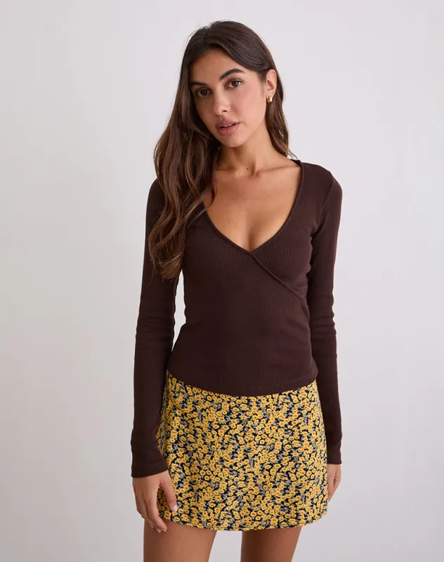 Dulcet Ribbed Plunge Top in Chocolate Brown sold by Motel Rocks
