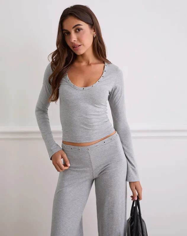 Myoga Studded Scoop Long Sleeve Top in Grey Marl made by Motel Rocks