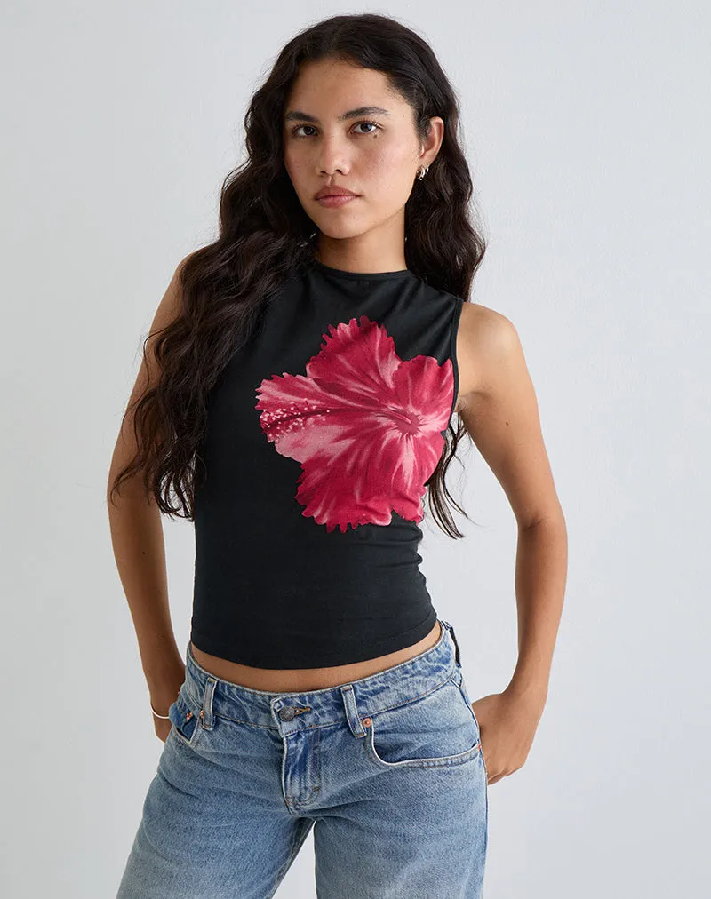 Leen Top in Black Hibiscus Flower Pink sold by Motel Rocks product image thumbnail 4