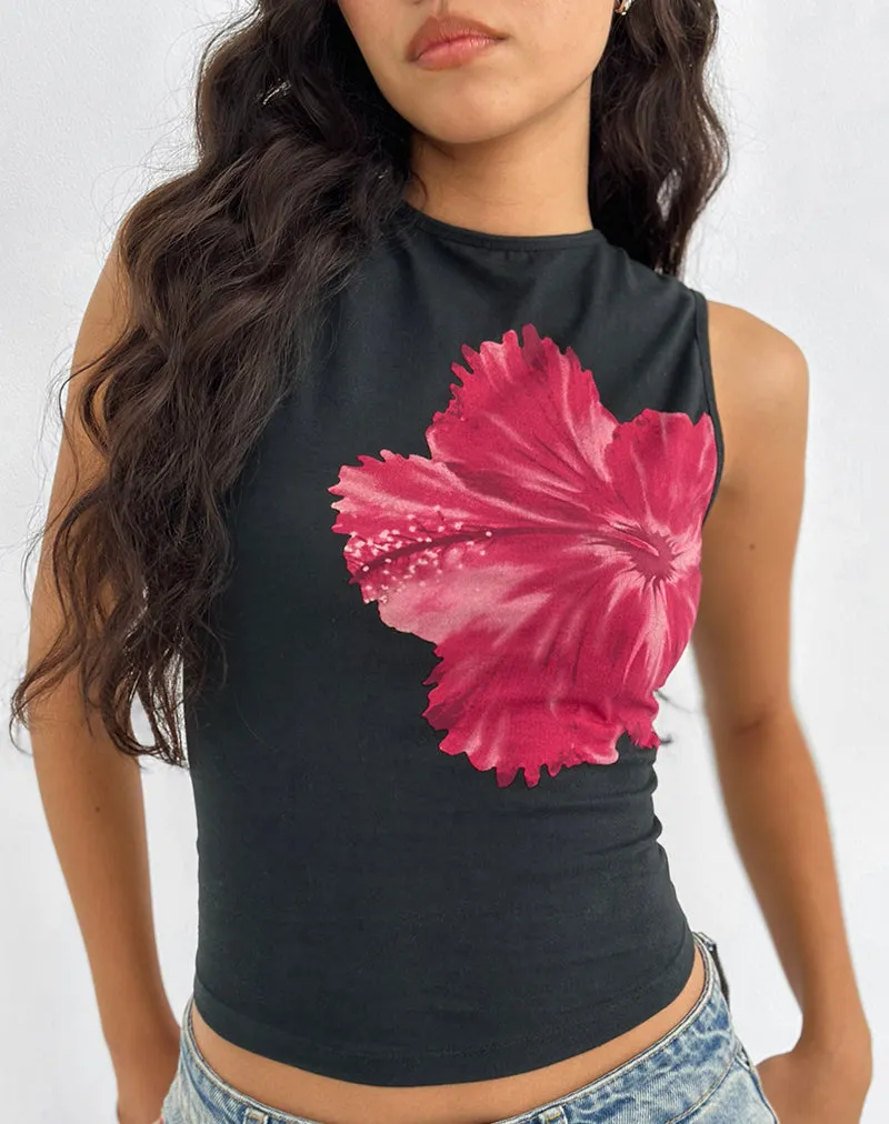 Leen Top in Black Hibiscus Flower Pink sold by Motel Rocks product image thumbnail 2