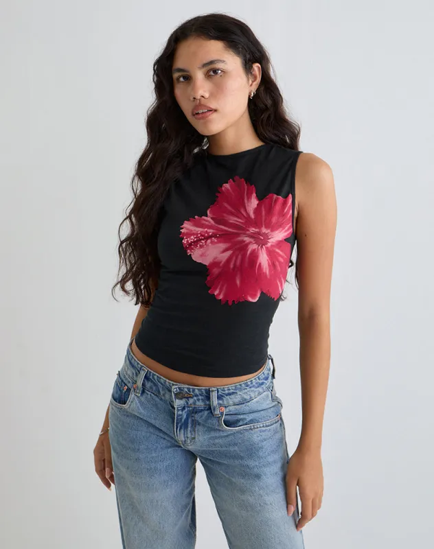 Leen Top in Black Hibiscus Flower Pink sold by Motel Rocks