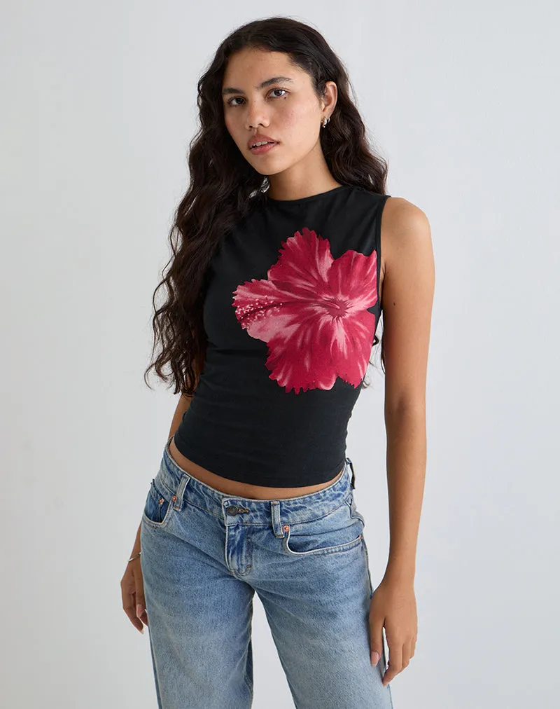 Leen Top in Black Hibiscus Flower Pink sold by Motel Rocks