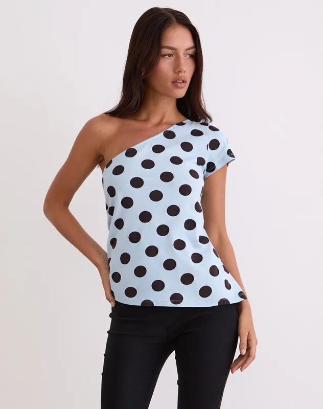 Tokiwa Asymmetric Shoulder Tee in Big Polka Blue Brown sold by Motel Rocks