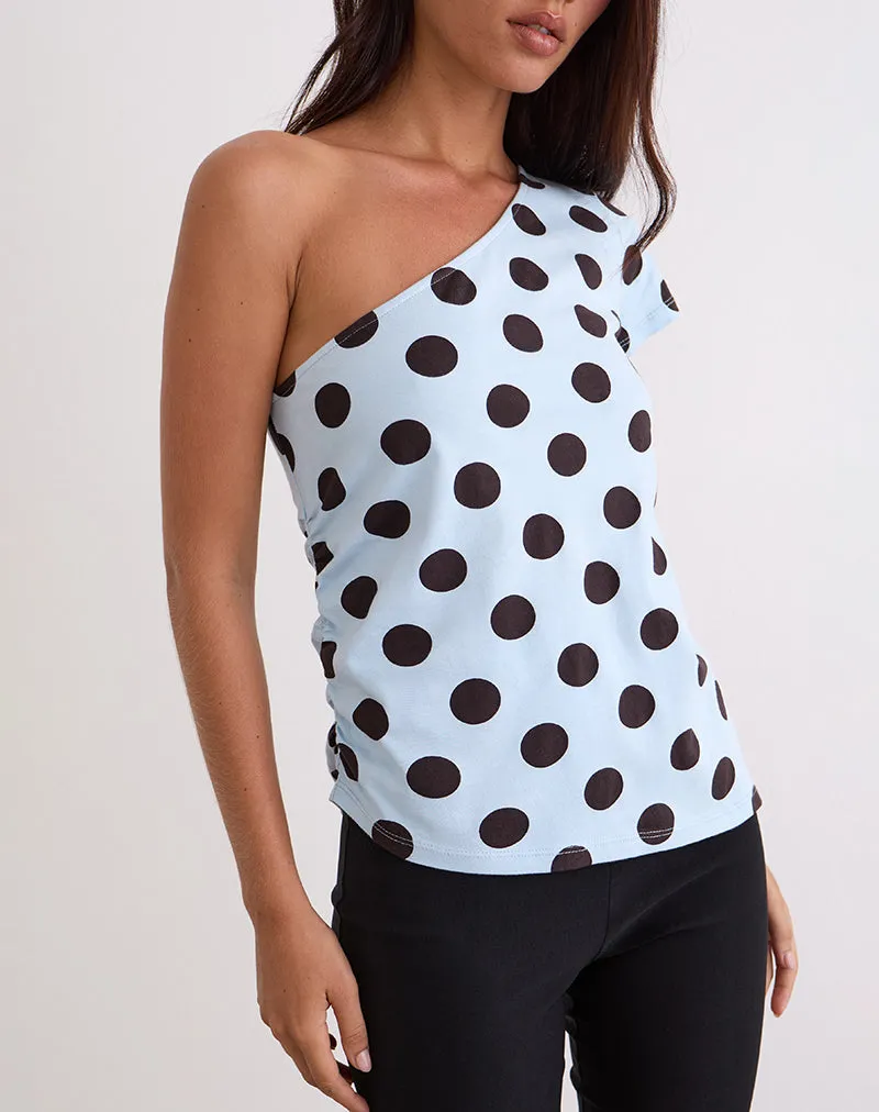 Tokiwa Asymmetric Shoulder Tee in Big Polka Blue Brown sold by Motel Rocks product image thumbnail 2