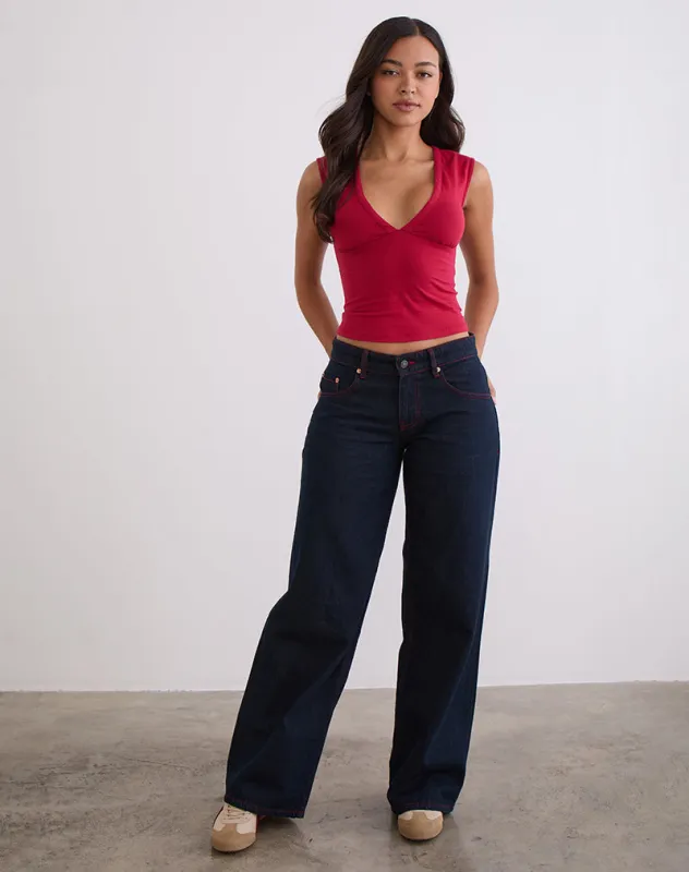 Low Rise Roomy Jeans in Indigo with Red Stitch sold by Motel Rocks