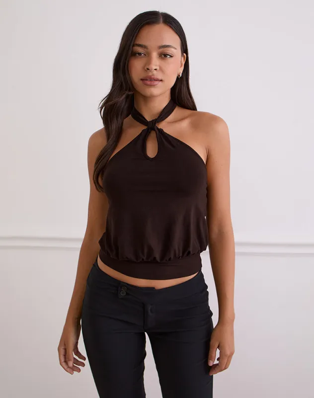 Giunea Knot Halter Top in Bitter Chocolate sold by Motel Rocks