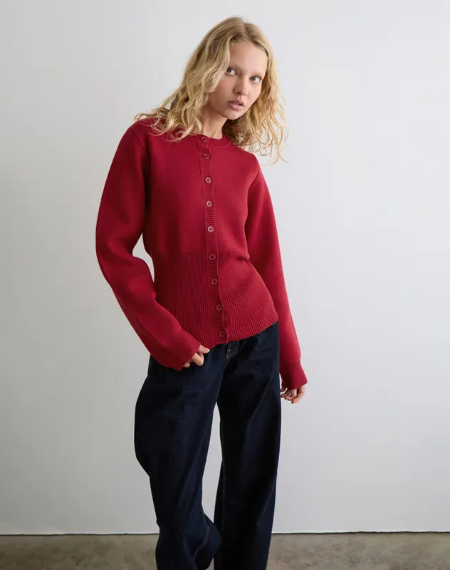 Subra Long Sleeve Cardigan in Red sold by Motel Rocks