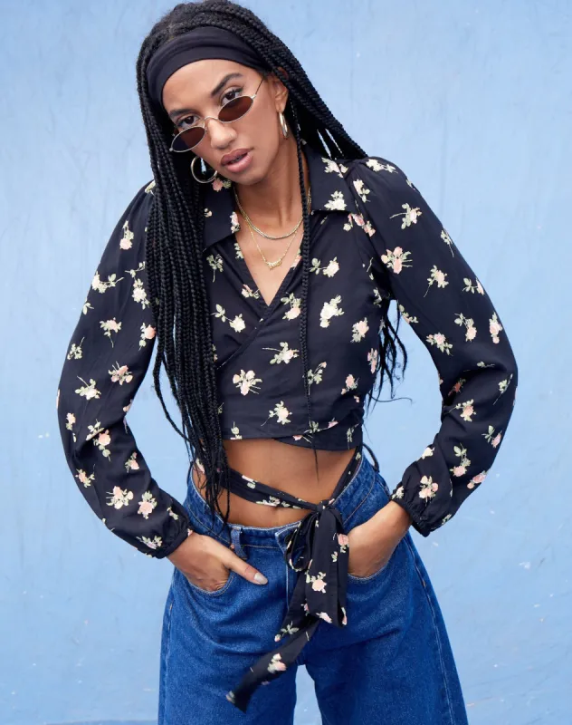 Briza Crop Top in Rose Garden Black sold by Motel Rocks