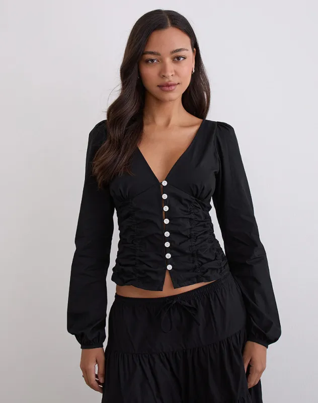 Kadek Fitted Plunge Blouse in Poplin Black sold by Motel Rocks