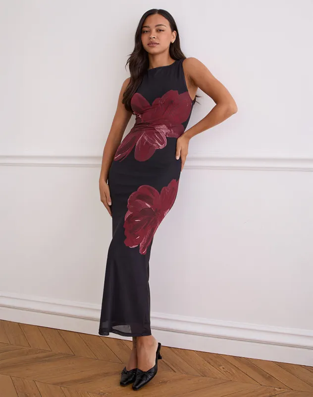 Fayola Maxi Dress In Black with Burgundy Watercolour Flower sold by Motel Rocks