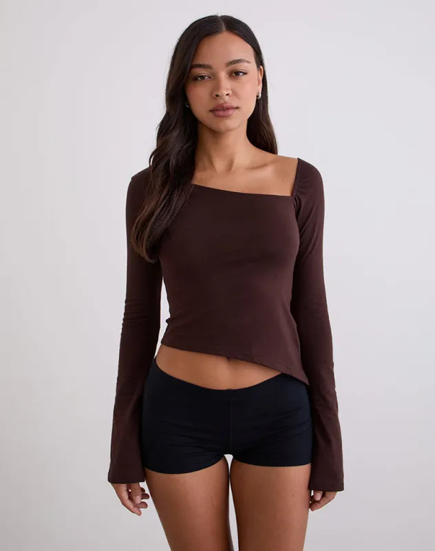 Dalene Asymmetric Long Sleeve Top in Bitter Chocolate sold by Motel Rocks
