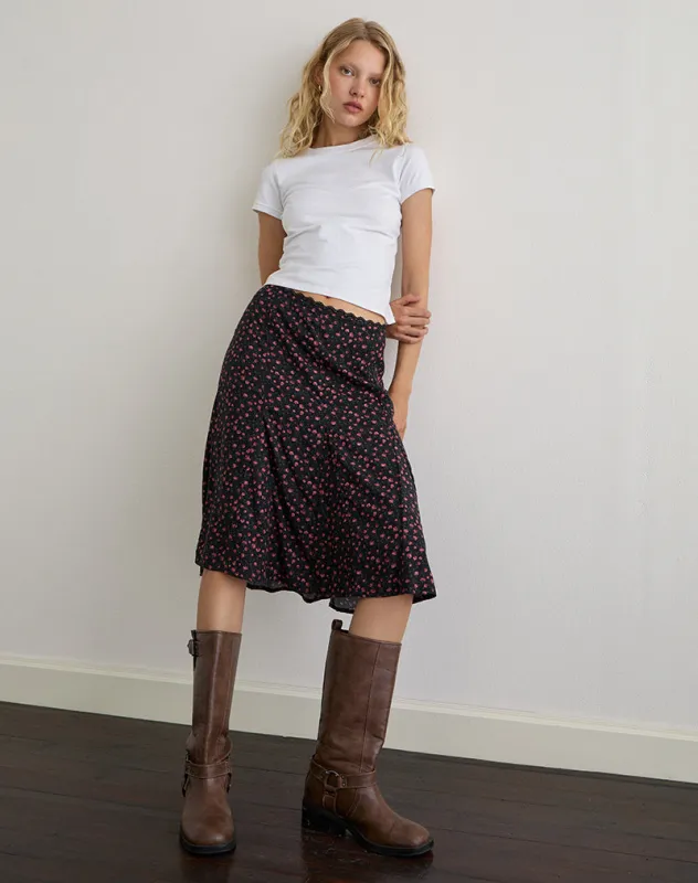 Rahyu Midi Skirt in Dark Pink Rose Black sold by Motel Rocks