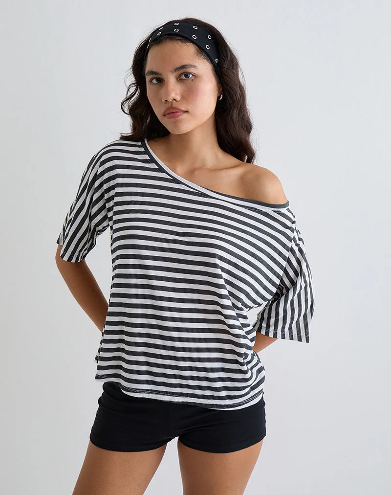 Daman Off Shoulder Basic Top in Ivory with Charcoal Stripe sold by Motel Rocks