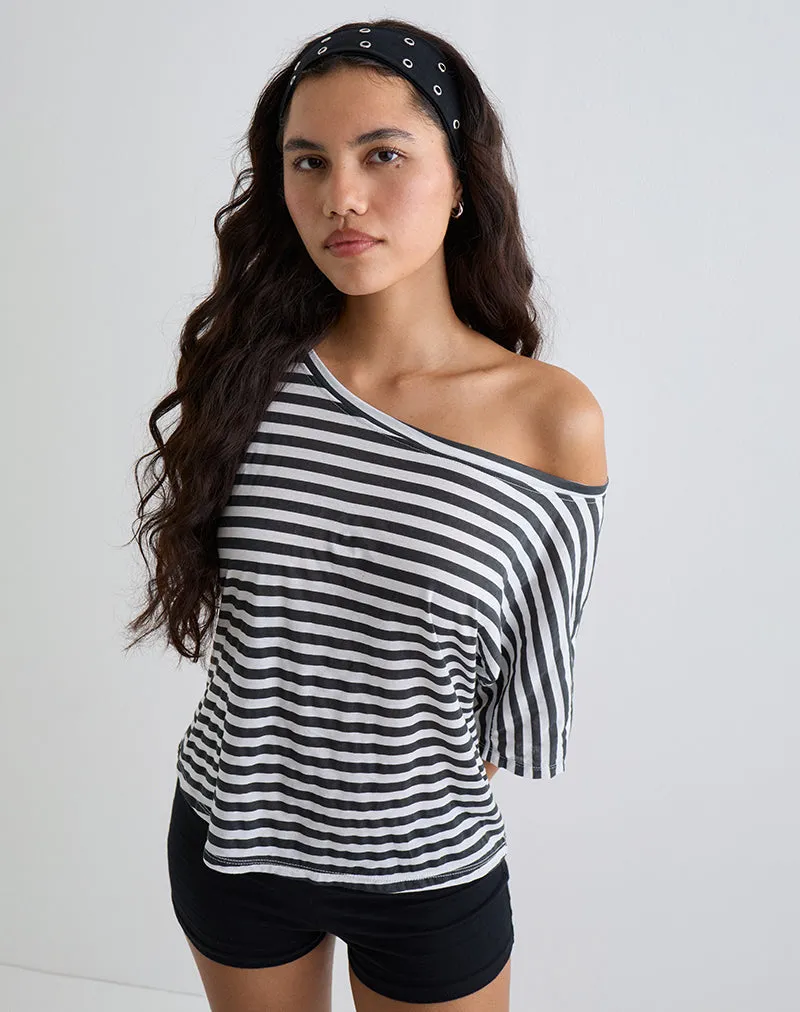 Daman Off Shoulder Basic Top in Ivory with Charcoal Stripe sold by Motel Rocks product image thumbnail 3