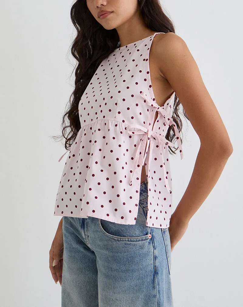 Palsi Tie Side Top in Pink with Medium Polka Red sold by Motel Rocks