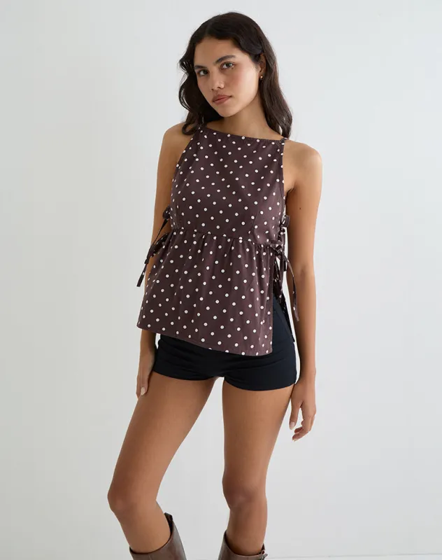Palsi Tie Side Top in Brown with Medium Polka White sold by Motel Rocks