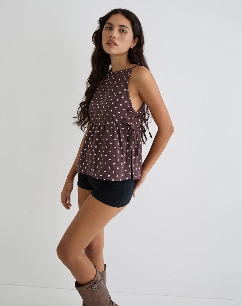 Palsi Tie Side Top in Brown with Medium Polka White sold by Motel Rocks product image thumbnail 3