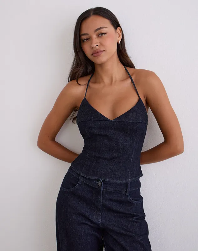 Caira Chambray Halter Top in Indigo sold by Motel Rocks