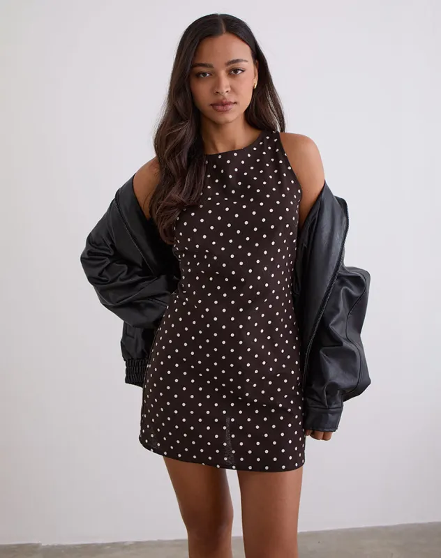 Ayana Open Back Mini Dress in Medium Polka Brown sold by Motel Rocks