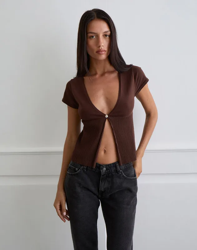 Nalo Short Sleeve Cardi in Dark Brown sold by Motel Rocks