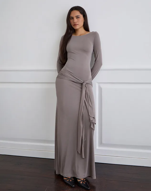 Zeya Maxi Dress in Cupro Taupe Grey sold by Motel Rocks
