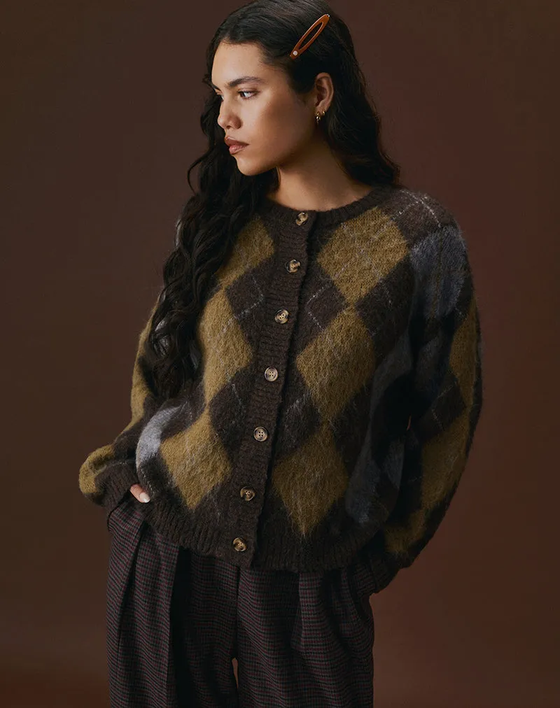 Eliana Cardigan in Knit Argyle Brown sold by Motel Rocks