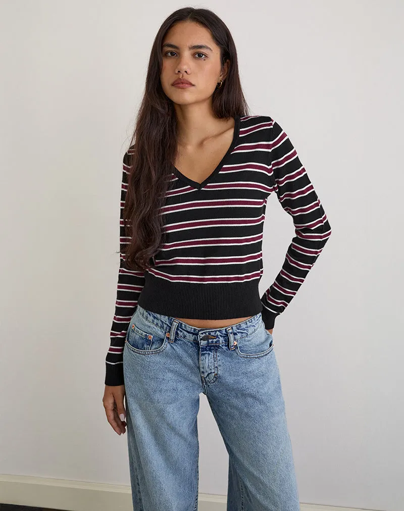 Yasra Jumper in Stripe Knit Black Burgundy sold by Motel Rocks