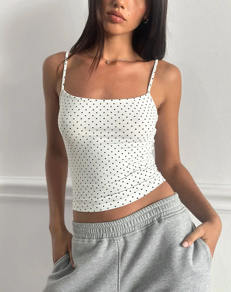 Solay Cami Top in White with Black Micro Polka Print sold by Motel Rocks
