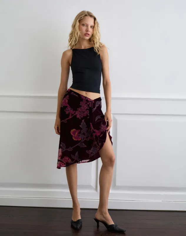 Esti Midi Skirt in Floral Devore Burgundy sold by Motel Rocks