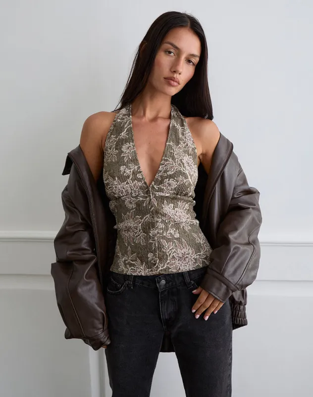 Mabli Halterneck Top in Textured Woven Floral Green sold by Motel Rocks